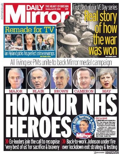 Daily Mirror Newspaper Front Page for 27 April 2020