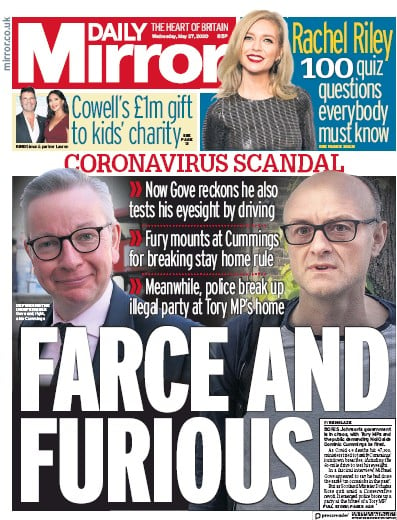 Daily Mirror Newspaper Front Page for 27 May 2020