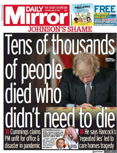 Daily Mirror Newspaper Front Page for 27 May 2021