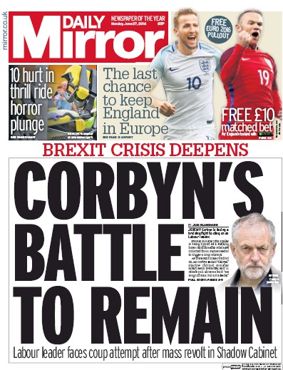 Daily Mirror Newspaper Front Page for 27 June 2016
