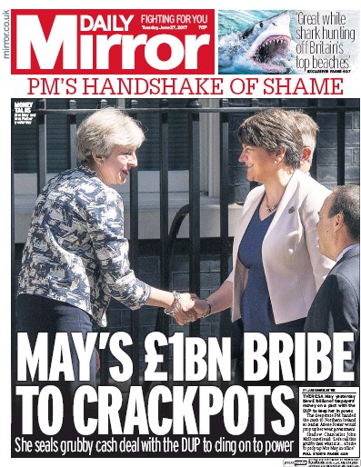 Daily Mirror Newspaper Front Page for 27 June 2017