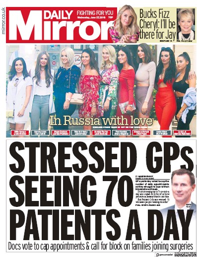 Daily Mirror Newspaper Front Page for 27 June 2018