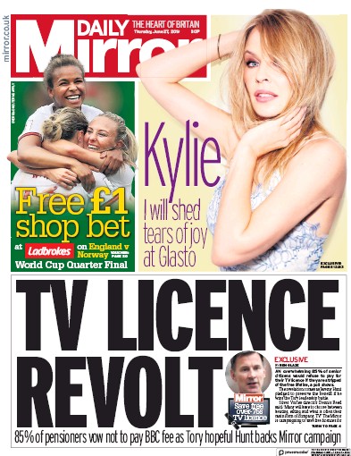 Daily Mirror Newspaper Front Page for 27 June 2019
