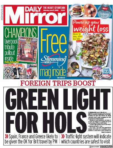 Daily Mirror Newspaper Front Page for 27 June 2020