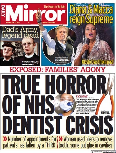 Daily Mirror (UK) Newspaper Front Page for 27 June 2022
