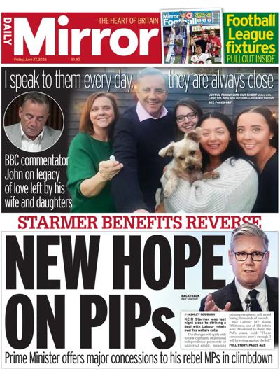 Daily Mirror (UK) Newspaper Front Page for 27 June 2025
