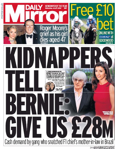 Daily Mirror Newspaper Front Page for 27 July 2016