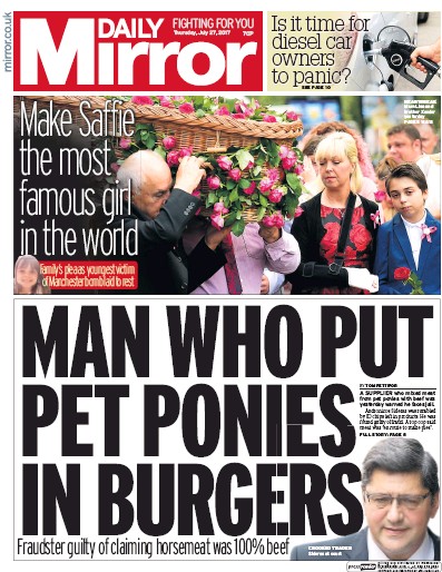 Daily Mirror (UK) Newspaper Front Page for 27 July 2017