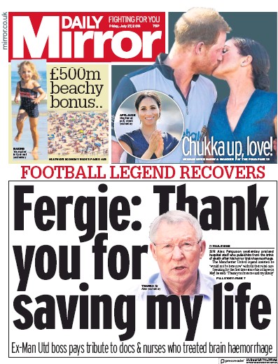 Daily Mirror Newspaper Front Page for 27 July 2018