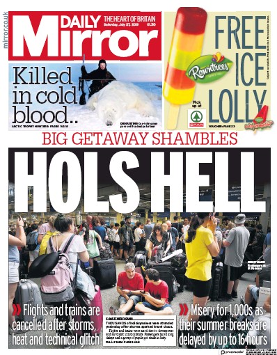 Daily Mirror Newspaper Front Page for 27 July 2019