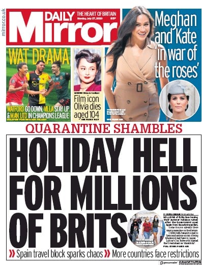 Daily Mirror Newspaper Front Page for 27 July 2020