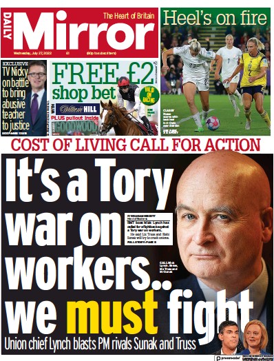 Daily Mirror Newspaper Front Page for 27 July 2022