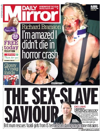 Daily Mirror Newspaper Front Page for 27 August 2016