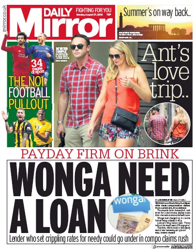 Daily Mirror Newspaper Front Page for 27 August 2018