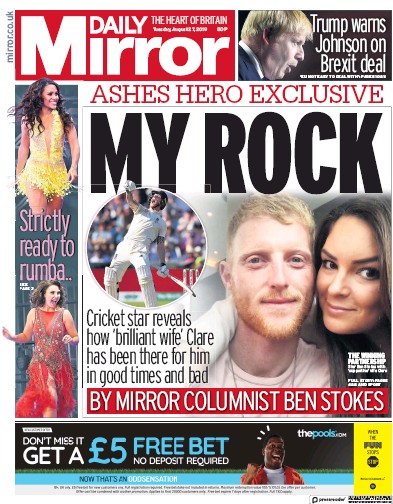 Daily Mirror Newspaper Front Page for 27 August 2019