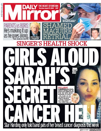 Daily Mirror Newspaper Front Page for 27 August 2020