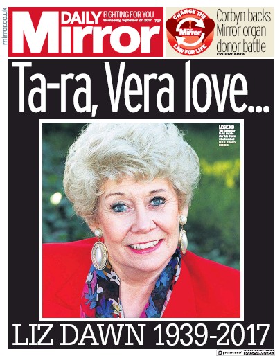 Daily Mirror Newspaper Front Page for 27 September 2017