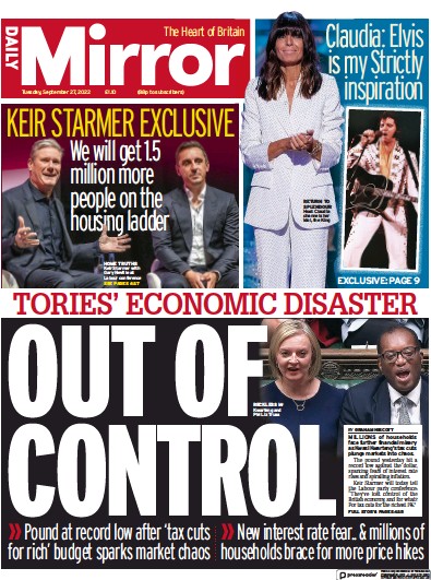 Daily Mirror (UK) Newspaper Front Page for 27 September 2022