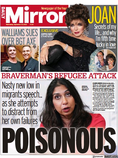 Daily Mirror Newspaper Front Page for 27 September 2023