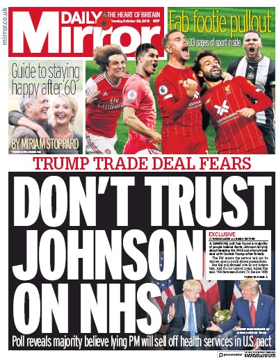 Daily Mirror Newspaper Front Page for 28 October 2019