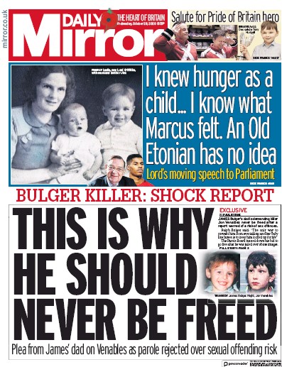 Daily Mirror Newspaper Front Page for 28 October 2020