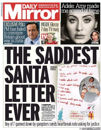 Daily Mirror Newspaper Front Page for 28 November 2015