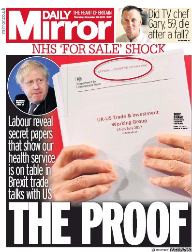 Daily Mirror (UK) Newspaper Front Page for 28 November 2019