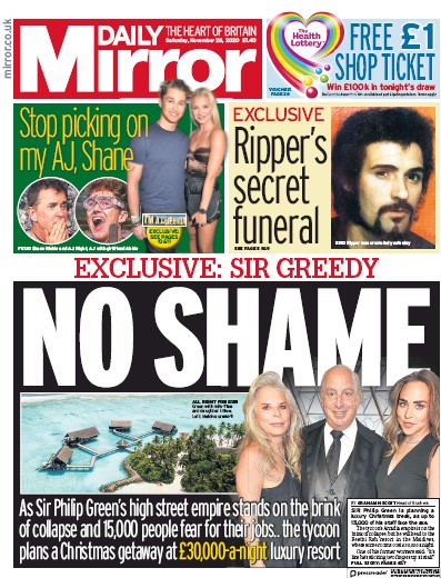 Daily Mirror Newspaper Front Page for 28 November 2020