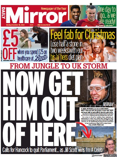 Daily Mirror (UK) Newspaper Front Page for 28 November 2022