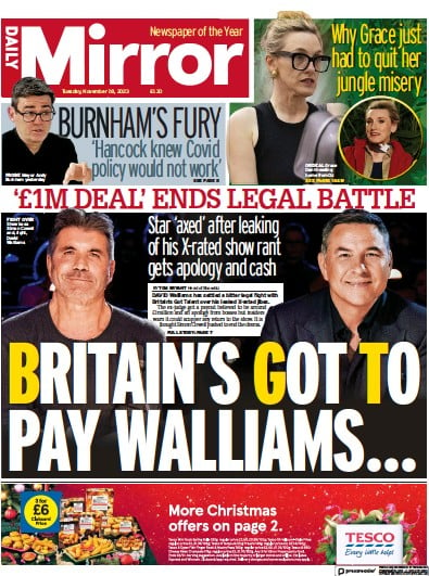 Daily Mirror (UK) Newspaper Front Page for 28 November 2023