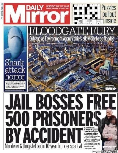 Daily Mirror Newspaper Front Page for 28 December 2015