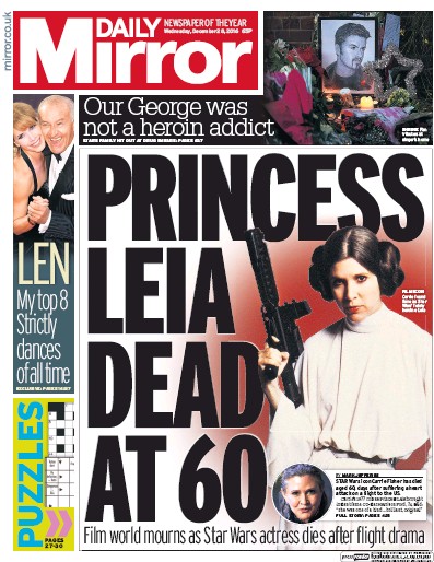 Daily Mirror Newspaper Front Page for 28 December 2016