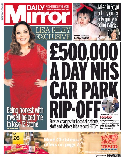 Daily Mirror Newspaper Front Page for 28 December 2017
