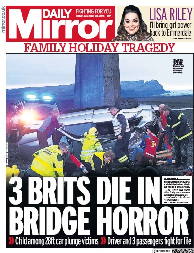 Daily Mirror Newspaper Front Page for 28 December 2018
