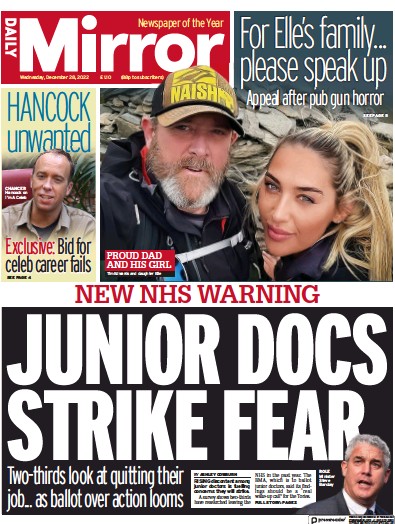 Daily Mirror Newspaper Front Page for 28 December 2022