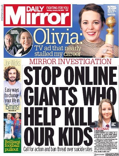 Daily Mirror (UK) Newspaper Front Page for 28 January 2019