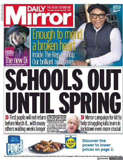 Daily Mirror Newspaper Front Page for 28 January 2021