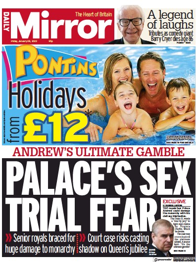 Daily Mirror (UK) Newspaper Front Page for 28 January 2022