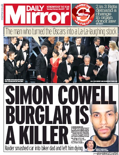 Daily Mirror Newspaper Front Page for 28 February 2017