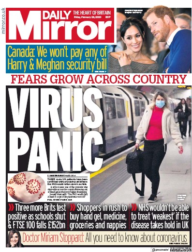 Daily Mirror Newspaper Front Page for 28 February 2020