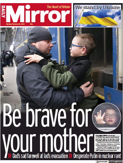 Daily Mirror Newspaper Front Page for 28 February 2022