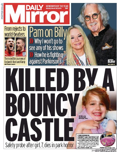 Daily Mirror Newspaper Front Page for 28 March 2016