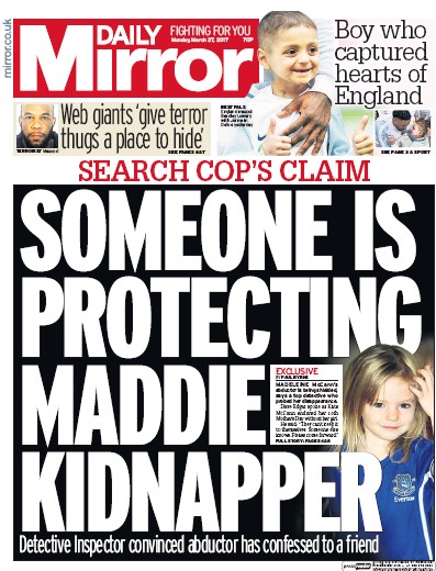 Daily Mirror Newspaper Front Page for 28 March 2017