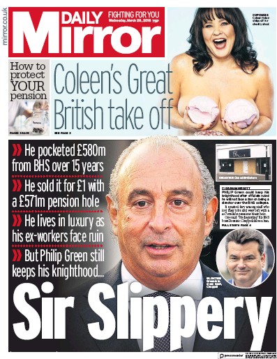 Daily Mirror Newspaper Front Page for 28 March 2018