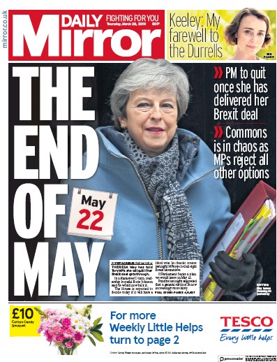 Daily Mirror Newspaper Front Page for 28 March 2019