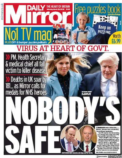 Daily Mirror (UK) Newspaper Front Page for 28 March 2020