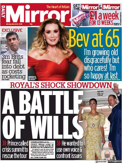 Daily Mirror Newspaper Front Page for 28 March 2022