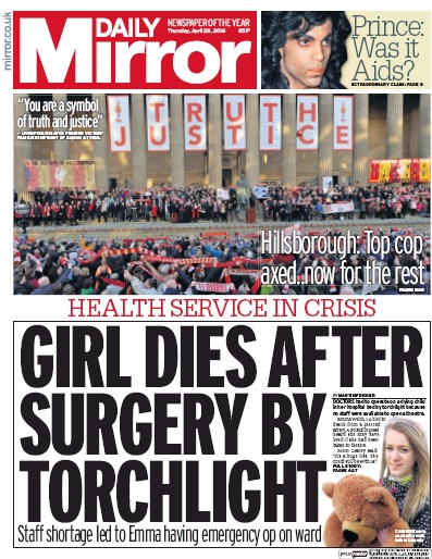 Daily Mirror Newspaper Front Page for 28 April 2016