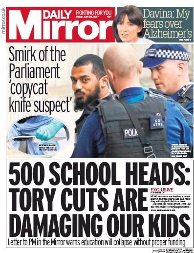 Daily Mirror Newspaper Front Page for 28 April 2017