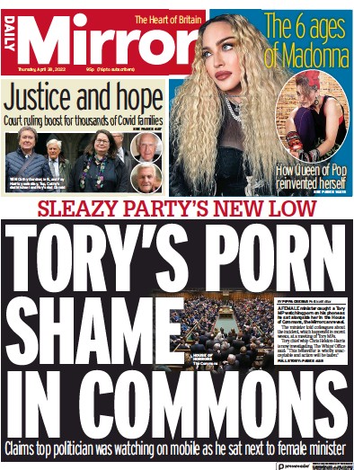 Daily Mirror Newspaper Front Page for 28 April 2022